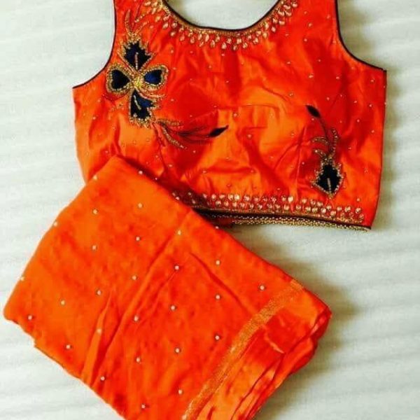Georgette Pearl Work Saree With Ready Made Blouse