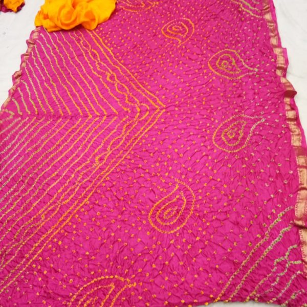 Art Silk Bandhej Saree Zari Border With Contrast Silk Blouse