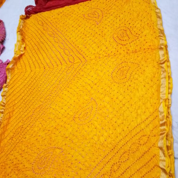 Art Silk Bandhej Saree Zari Border With Contrast Silk Blouse